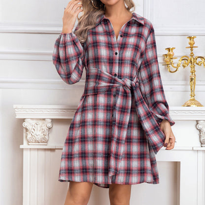 Herbst Winter Frauen Casual Shirt Plaid Einreiher Langarm Kleid