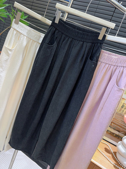 Hose aus Eisseide mit weitem Bein für Damen, Sommerhose mit hoher Taille, kleine verkürzte Haremshose, gerade Oma-Baggy-Hose