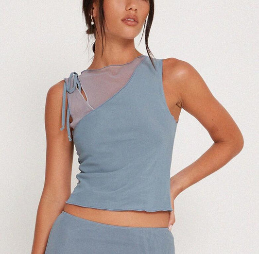 Summer Women Clothing Arrival Slim Sexy Sleeveless Faux Two Piece Tether Short Mesh Top