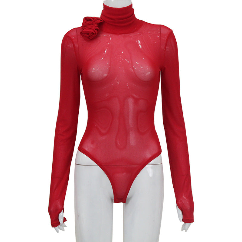 Combinaison sexy à col roulé et manches longues pour femme, en maille transparente, avec décoration tridimensionnelle, coupe ajustée