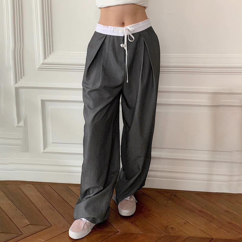 Contrast Color Pleated Loose Trousers Personality Wide Leg Trendy Cool Girl Wear Low Waist Casual Trousers Summer