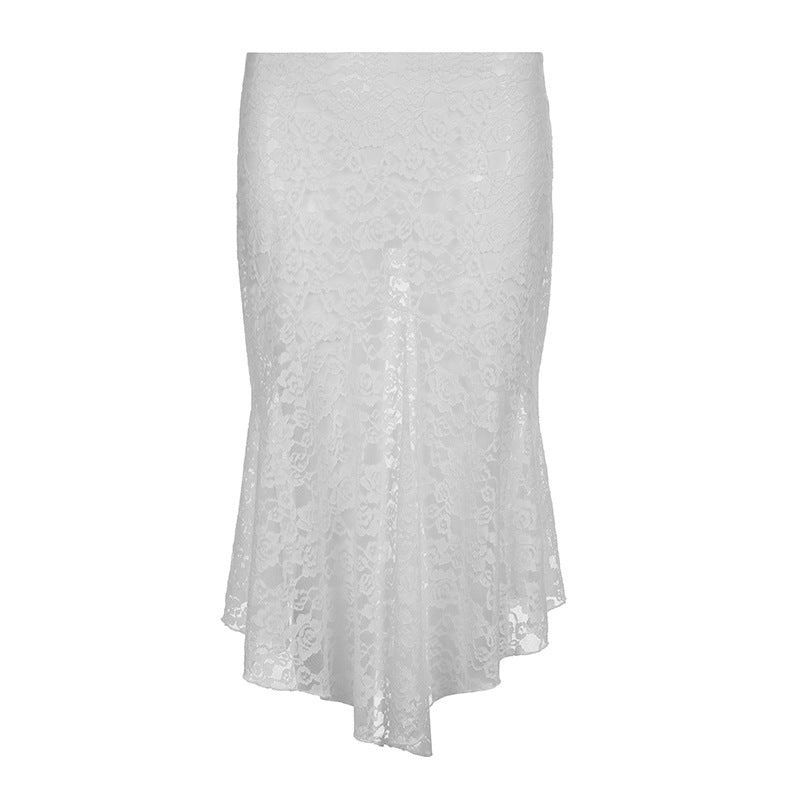 French Elegant Sexy Lace See through Stitching Skirt High Waist Slim Mid Length Irregular Asymmetric Artistic Dress