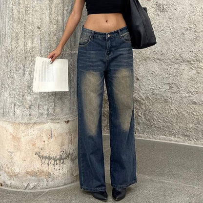 High Street Vibe Retro Distressed Straight-Leg Pants Women Loose Slimming Wide Leg Denim Trousers