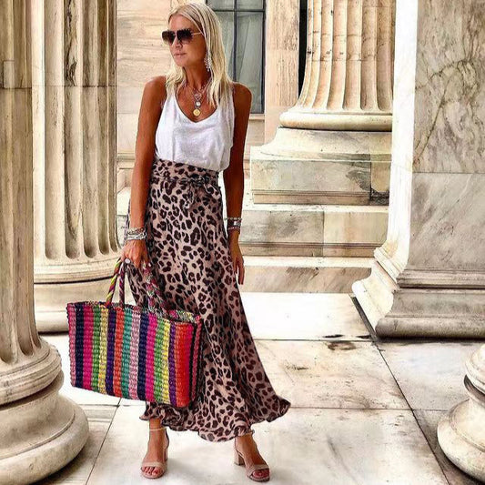 Spring Summer Leopard Print Skirt Internet Celebrity Belt Wide Hem Printed Long Skirt