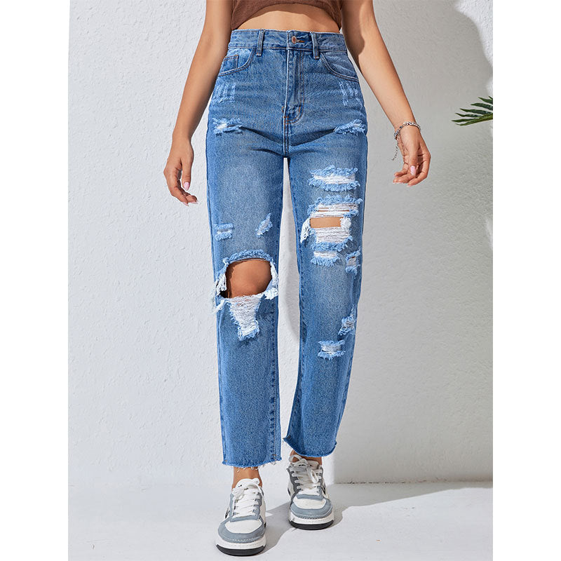 Jeans Frauen Gerade Zerrissene Hose Ausgefranste Street Denim