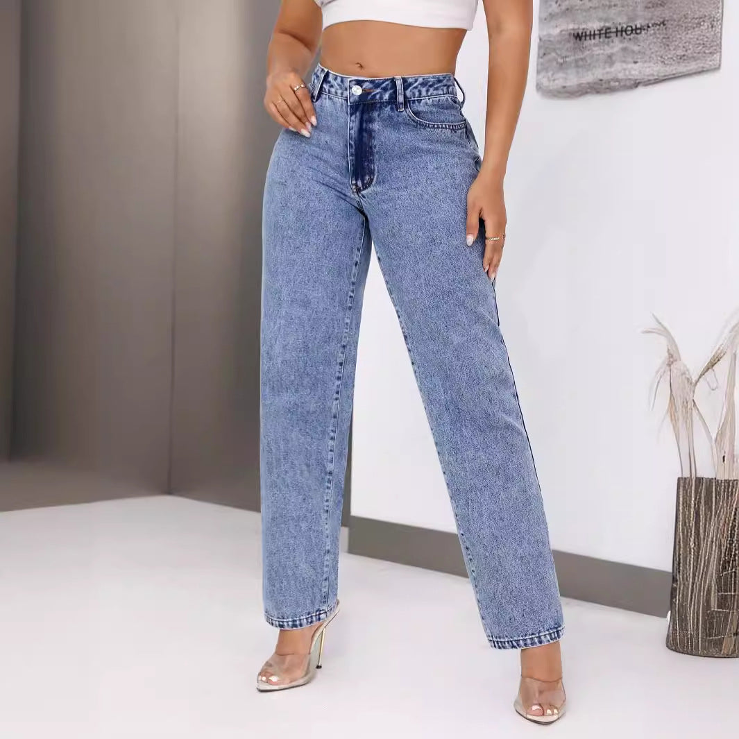 Pantalon droit en denim taille haute rétro pour femme