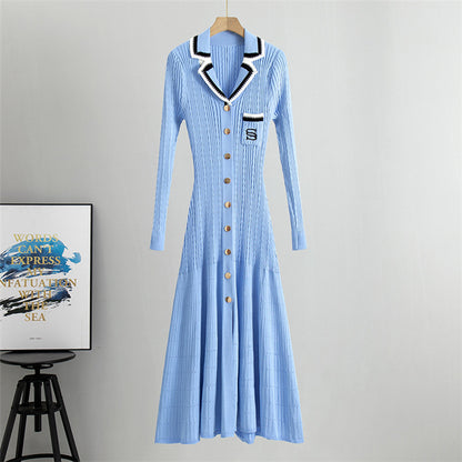 French Classic Embroidered Polo Collar Long Sleeved Knitted Dress Waist Slimming Elegant Spring Dress for Women