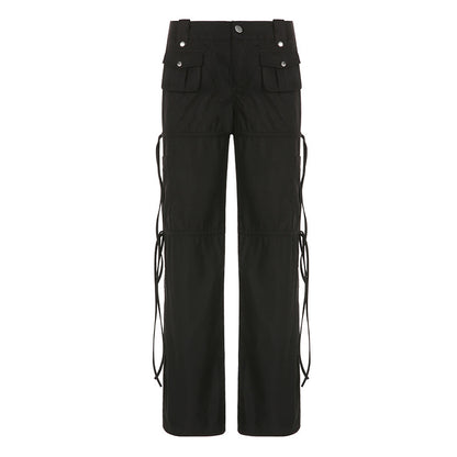 Pantalon droit tissé noir à coutures en ruban de poche High Street Pantalon décontracté sexy taille basse pour vêtements de travail au début de l'été