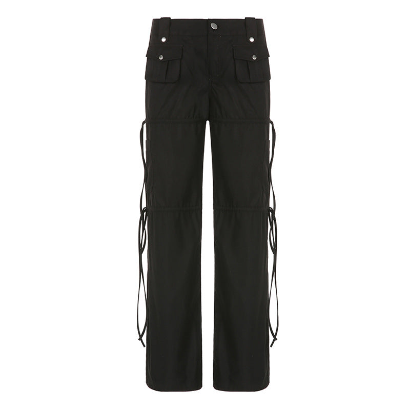 Pantalon droit tissé noir à coutures en ruban de poche High Street Pantalon décontracté sexy taille basse pour vêtements de travail au début de l'été