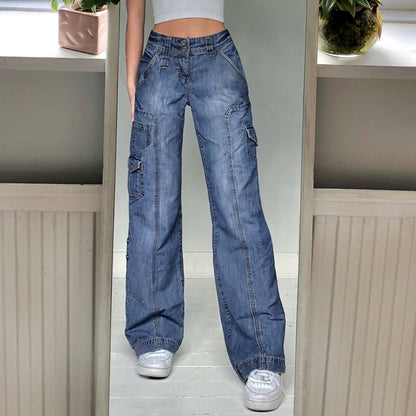 Vêtements pour femmes Pantalons droits décontractés en denim à taille haute avec poches multiples et ligne ouverte pour l'été