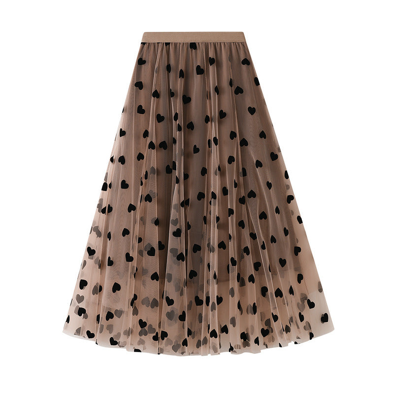 Spring High Waist Love Midi Skirt Puff Mesh Flocking Skirt