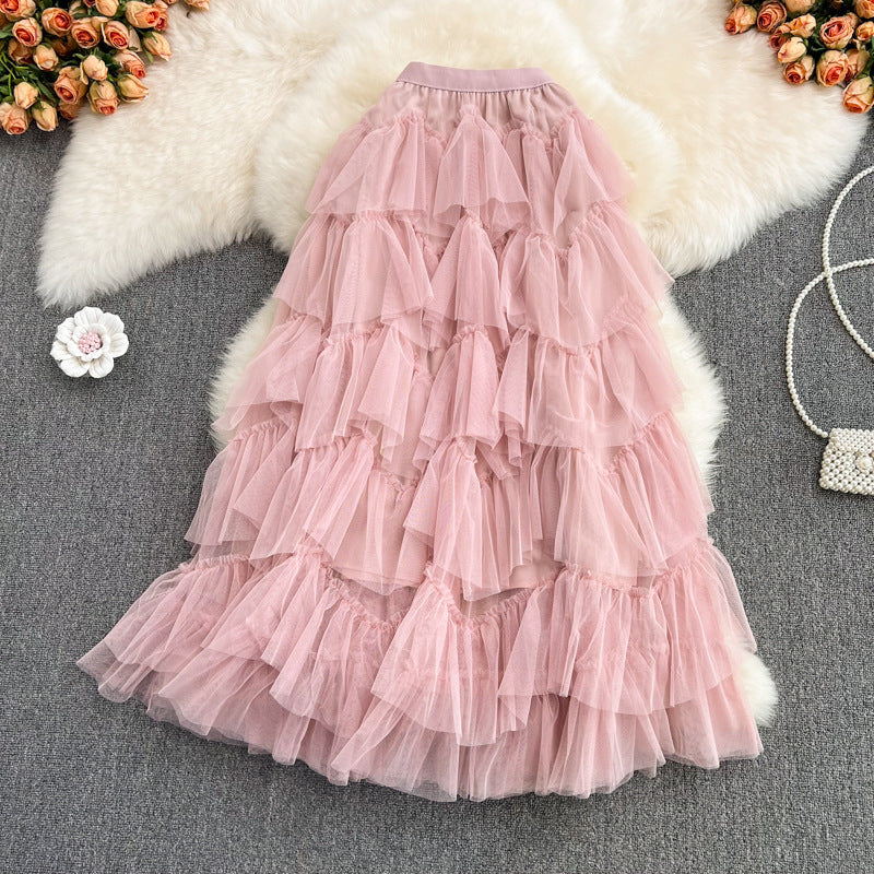 Early Spring Mesh Puffy tiered Mid-Length Elastic Waist Skirt Irregular Asymmetric Gauze Skirt Fairy Skirt