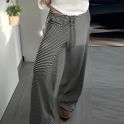 Casual Striped Trousers High Waist Lace up Baggy Straight Trousers Draping Mopping Pants Women Autumn Winter