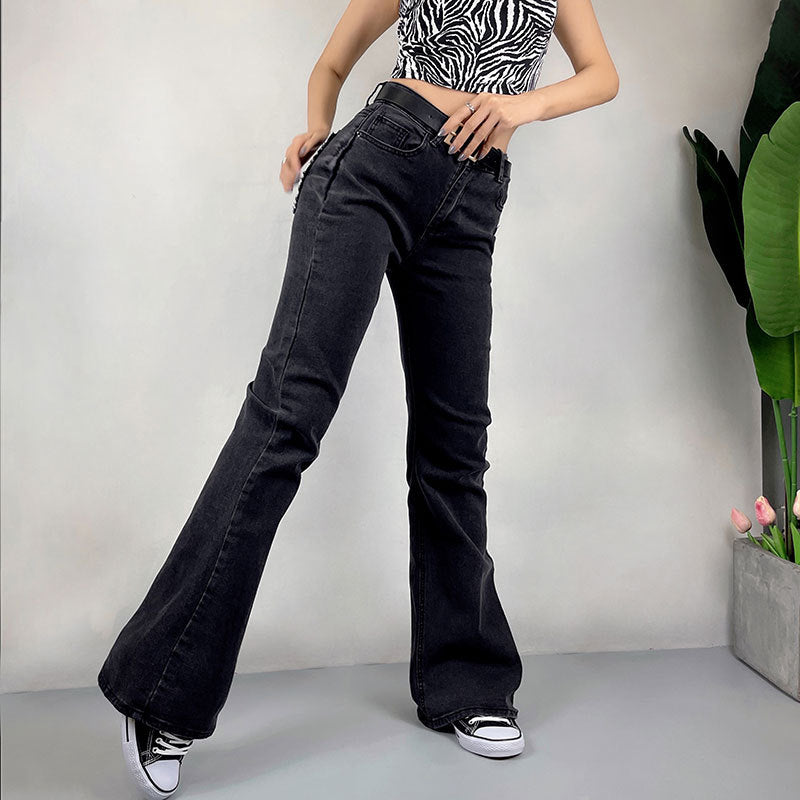 Pantalon en jean extensible taille haute rétro sexy slim fit avec poches à cloche et rehaussement des hanches