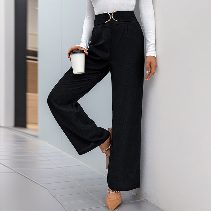 Fall Women Clothing Solid Color With Buckle High Waist Straight Pants