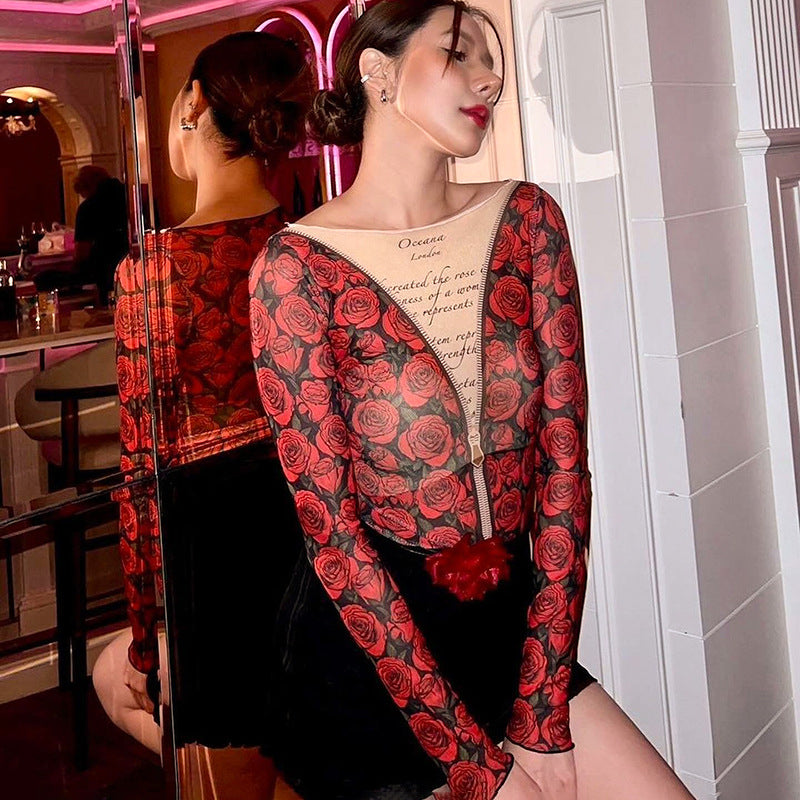 Summer Rose Zipper Printed Mesh Top for Women