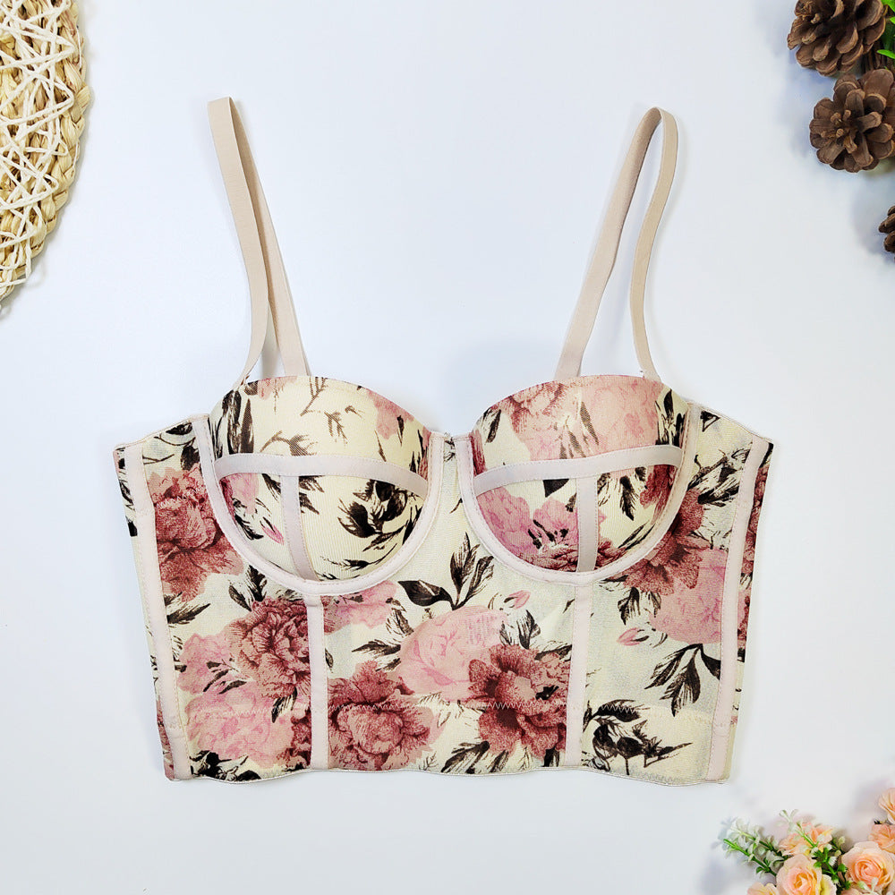 French Vintage Floral Base Tube Top Padded Anti Exposure Sports Bra Breathable Body Shaping Easy Matching Sling Outer Wear