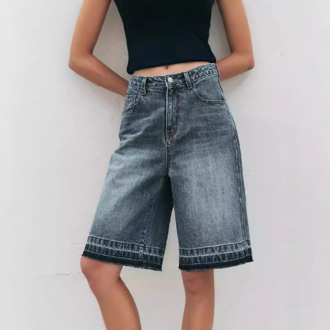 Retro Loose High Waist Casual Denim Middle Pants Women