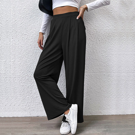 Fall Women Clothing Solid Color Rib Fabric Casual Wide Leg Pants