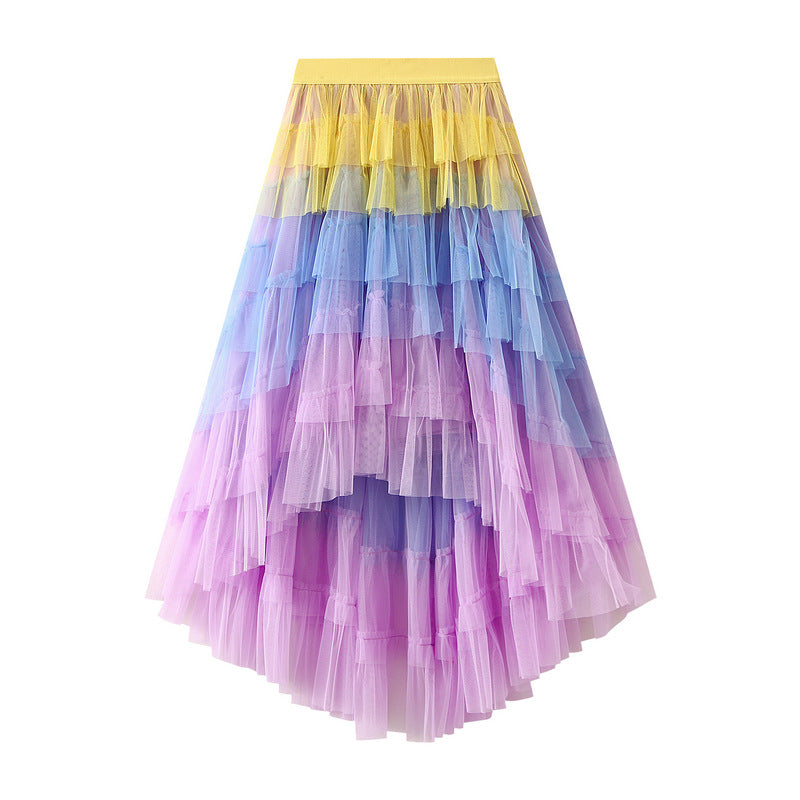 Unregelmäßiges asymmetrisches Stufenkleid Hohe Taille Mesh Rock Pettiskirt Damen Gaze Rock Feenkleid