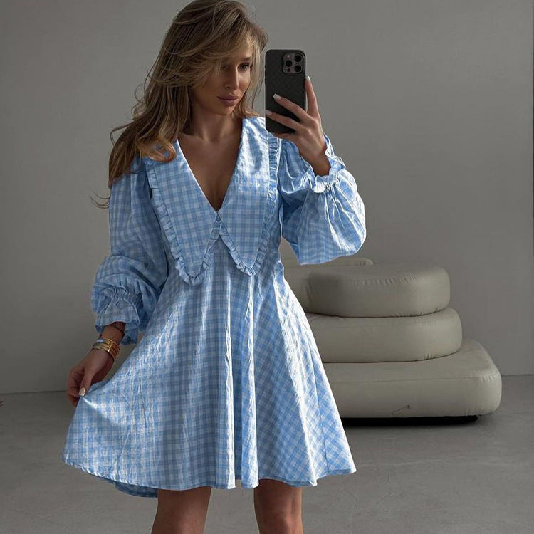 Robe trapèze rose à carreaux et col papillon pour femme, tenue de bureau, manches longues