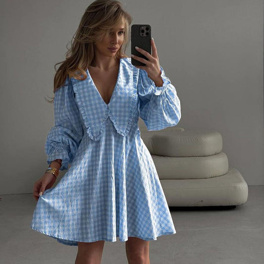 Robe trapèze rose à carreaux et col papillon pour femme, tenue de bureau, manches longues