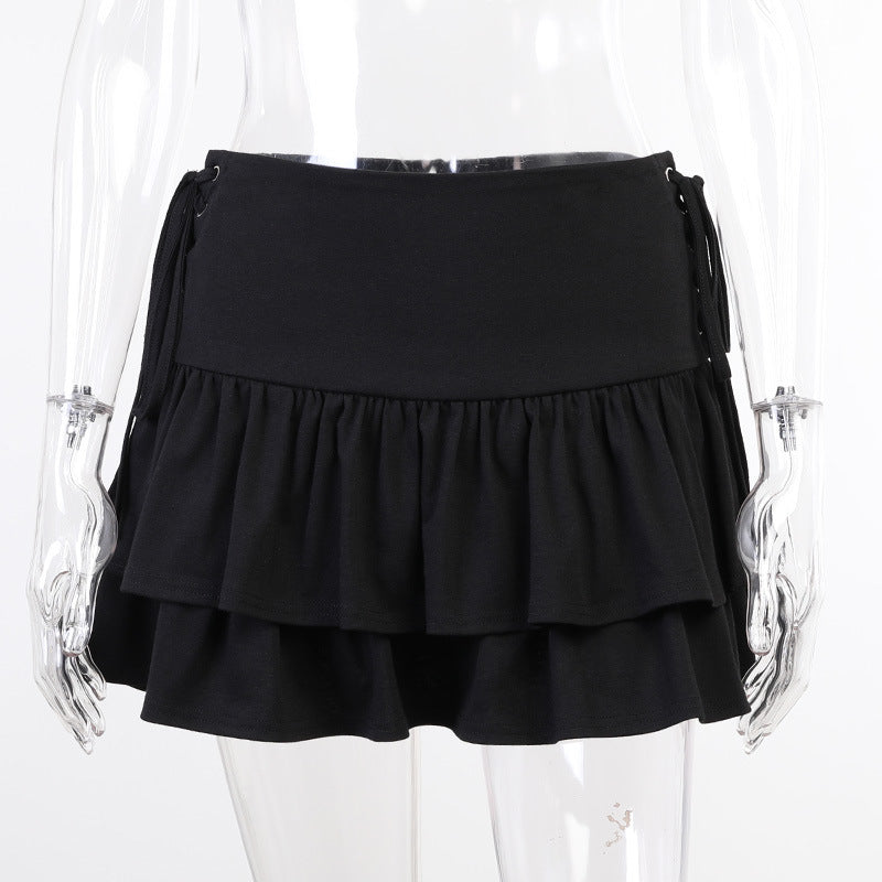 Double Layer Skirt Lace up Waist Skirt Spring Black Sexy Shrink Skirt