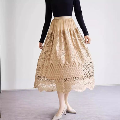 Machine Embroidery Mesh Lace A Line Overall Dress Light Luxury Socialite Fishnet Skirt