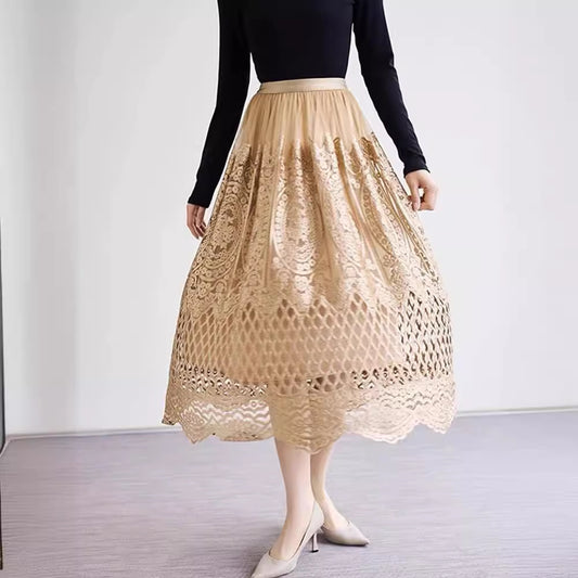 Robe salopette trapèze en dentelle et maille brodée à la machine Jupe résille de luxe légère pour femme