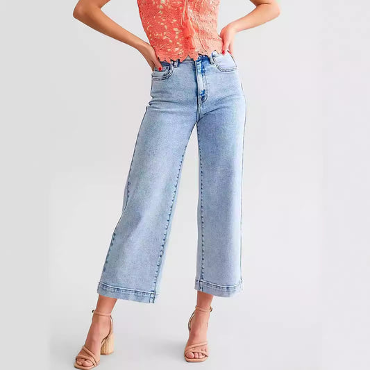 Stretch-Jeans für Damen im Büro, modische Hose mit weitem Bein, verwaschene Stretch-Crop-Jeans