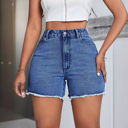 Short en jean taille haute ample et amincissant à bords bruts pour femme