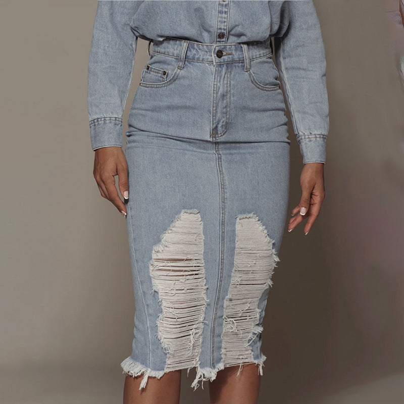 Jupe mi-longue en denim bleu rétro urbain décontracté jupe une étape jupe femme couleur unie