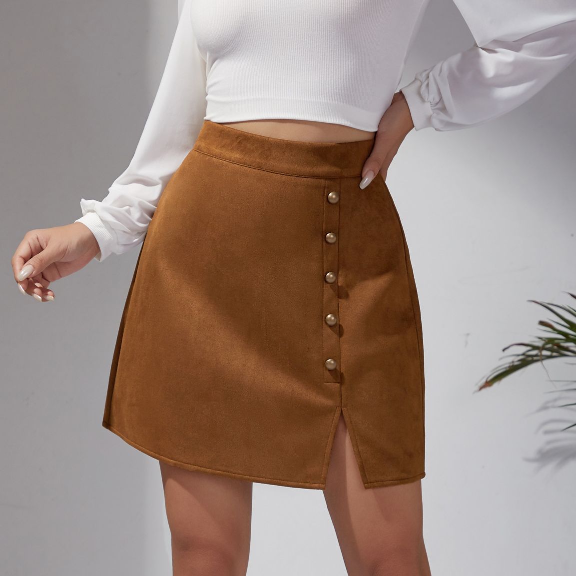 Autumn Winter Women Solid Color Suede Skirt High Waist Metal Buckle Hip Skirt