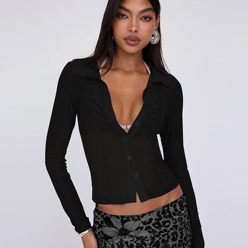 Women Clothing Summer Polo Collar Cardigan Buckle Mesh See through Cinched Slimming Pullover