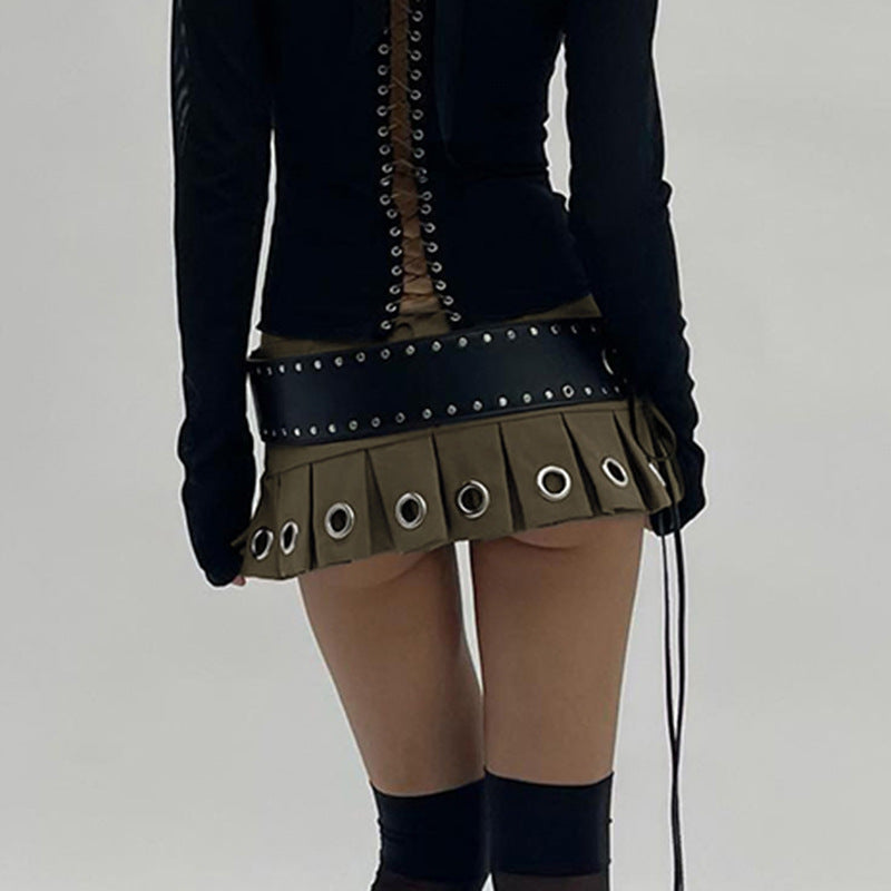 Sexy Mini Skirt Lace Up Leather Big Belt Street Punk Sexy Pleated Skirt