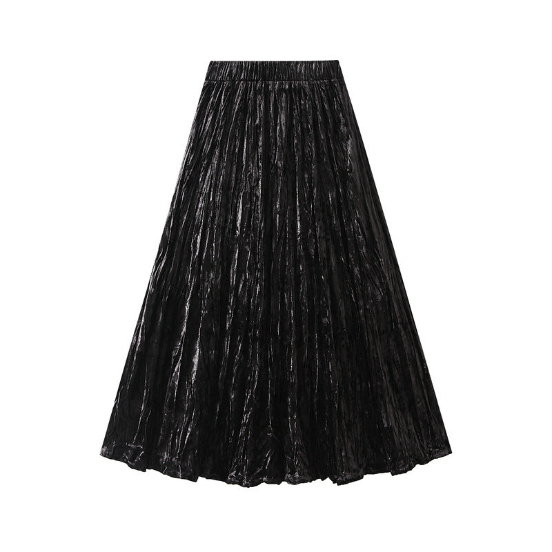 Pleated Velvet Skirt Women Autumn Winter High Waist A Line Skirt Mid Long Slim Pleated Skirt