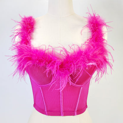 Corset tubulaire en fourrure d'autruche de haute qualité avec armatures et cordon de serrage, coupe slim, dos nu, avec plumes, diffusion en direct