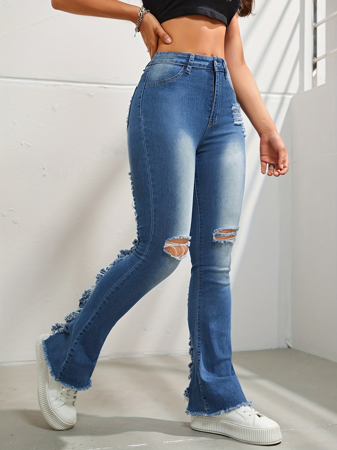 Girls Spring Summer Fried Street Color Blocking Ripped Cut High Waist Slimming Frayed Edge Skinny Denim Trousers Women