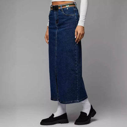 Split Denim Skirt High Waist Wash A ine Skirt Mid Length Skirt for Women