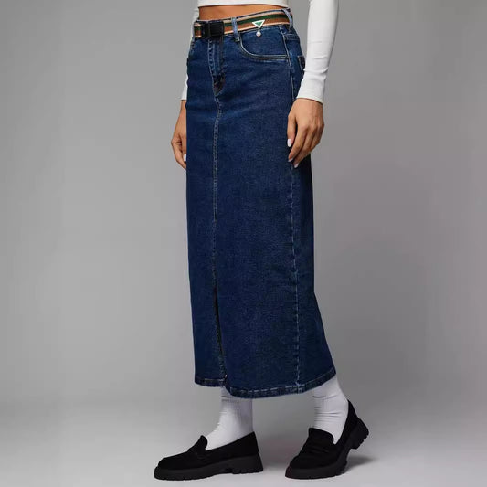 Split Denim Skirt High Waist Wash A ine Skirt Mid Length Skirt for Women