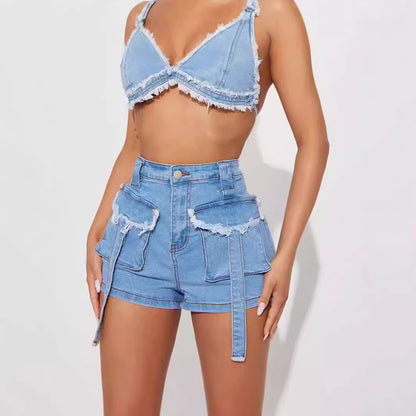 Sexy Frayed Shorts Workwear With Pocket Denim Women Clothing Pants