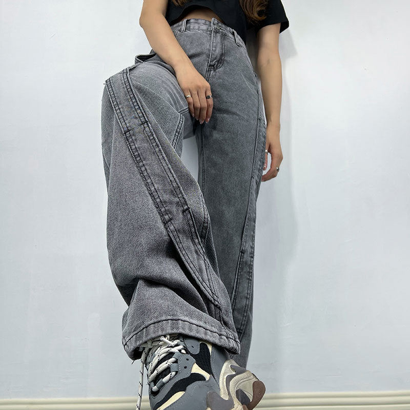 Retro Sexy Straight Loose Jeans Women Autumn Special Design Stitching Wide Leg Trousers