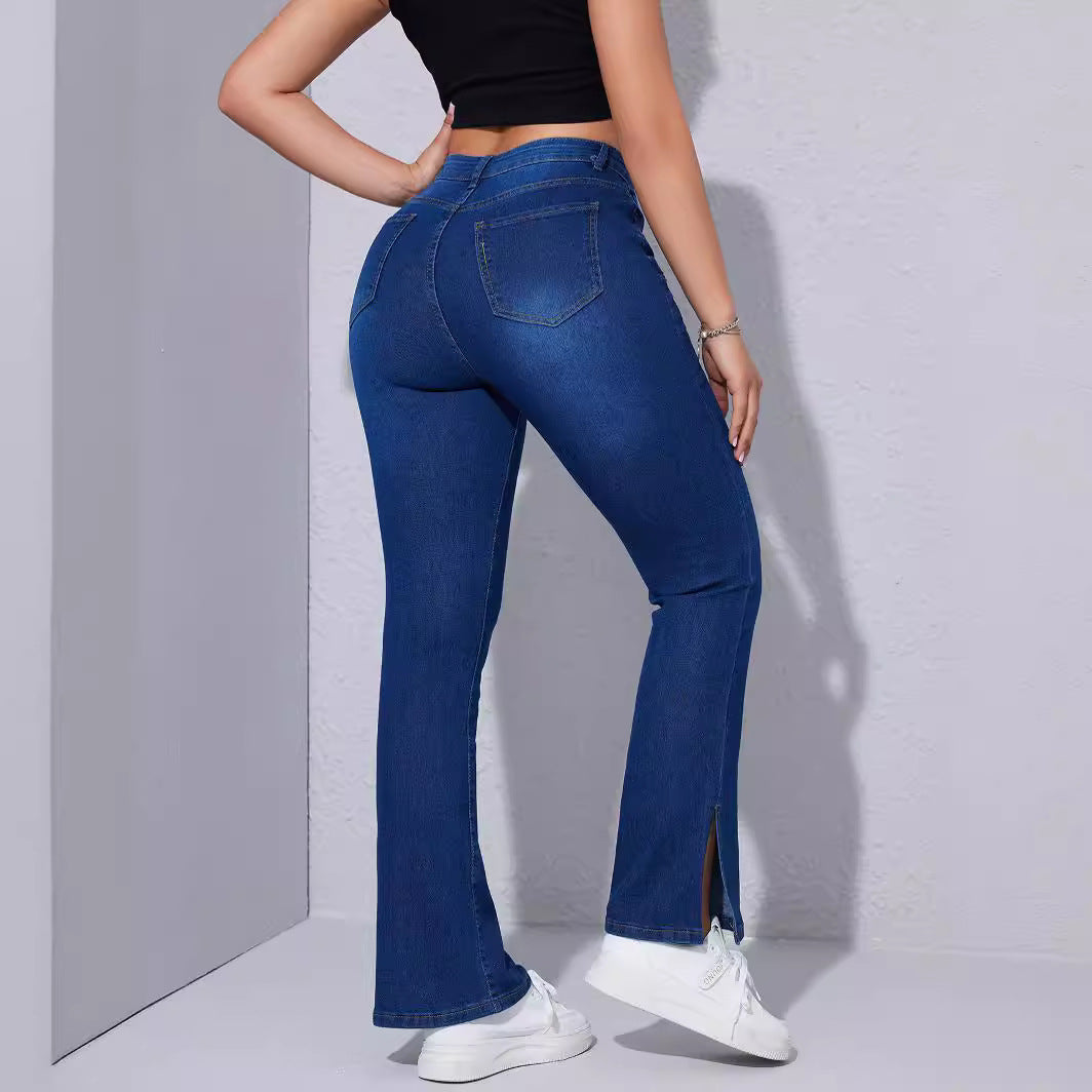 High Waist Stretch Slim Jeans mit Fußschlitz für Damen