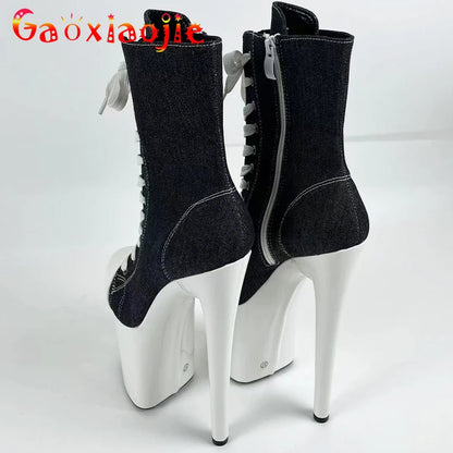 Sexy Damenstiefel mit 20 cm Stilettoabsatz, geschlossener runder Zehenpartie, Plateau-Sneaker aus Canvas, verschleißfest, Pole Dance-Stiefeletten, Stripper-Absatz