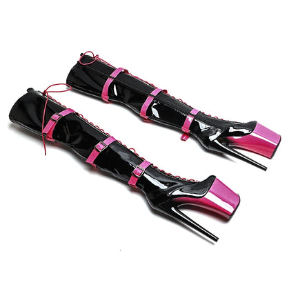 Leecabe 20CM/8 pouces verni PU tige noir-rose vif jeune tendance mode talon haut plate-forme stripper talon Pole Dance botte