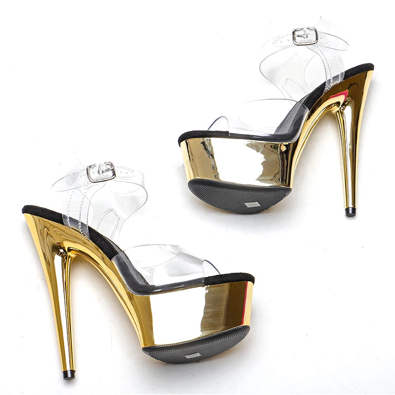 Leecabe Shinny Golden 15CM/6Inch Sandales à plateforme pour femmes Chaussures à talons hauts Chaussures de pole dance