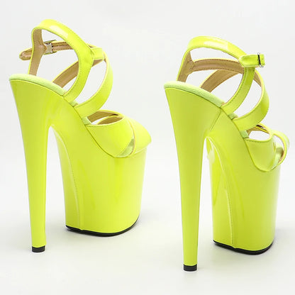 Leecabe 20cm/8inch Brillant Verni PU Couleur Jaune fluo Sandales à talons hauts Modèle sexy Chaussures Pole Dance Chaussures