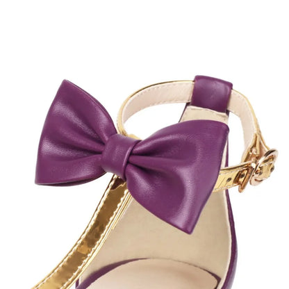 Purple Metal Patchwork Sandals Bow Sexy Pointed 10cm Slim Heel Banquet Sandals Fashion White Birthday Party Women's Shoes 34-48