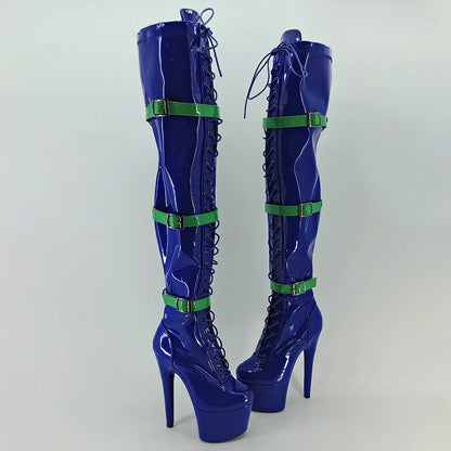 Leecabe Blue PU 17CM/7inches Pole dancing shoes High Heel platform Pole Dance boot