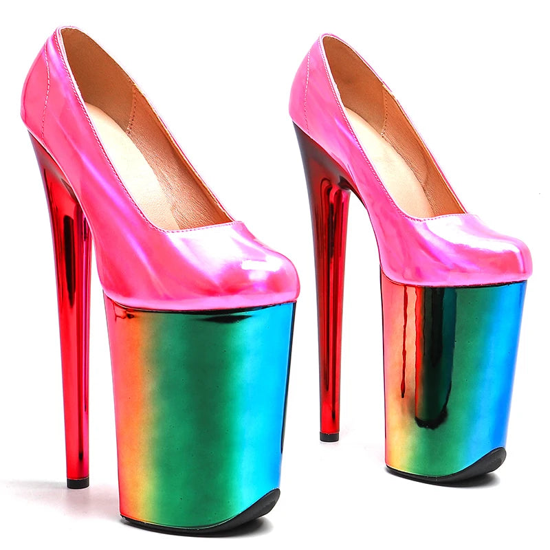 Leecabe 23CM/9inches  shiny patent PU upper fashion trend exotic  colorful electroplate Platform High Heels  Pole Dance shoes